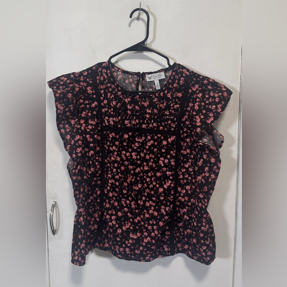 Jessica Simpson Black Floral Flutter Sleeve Blouse